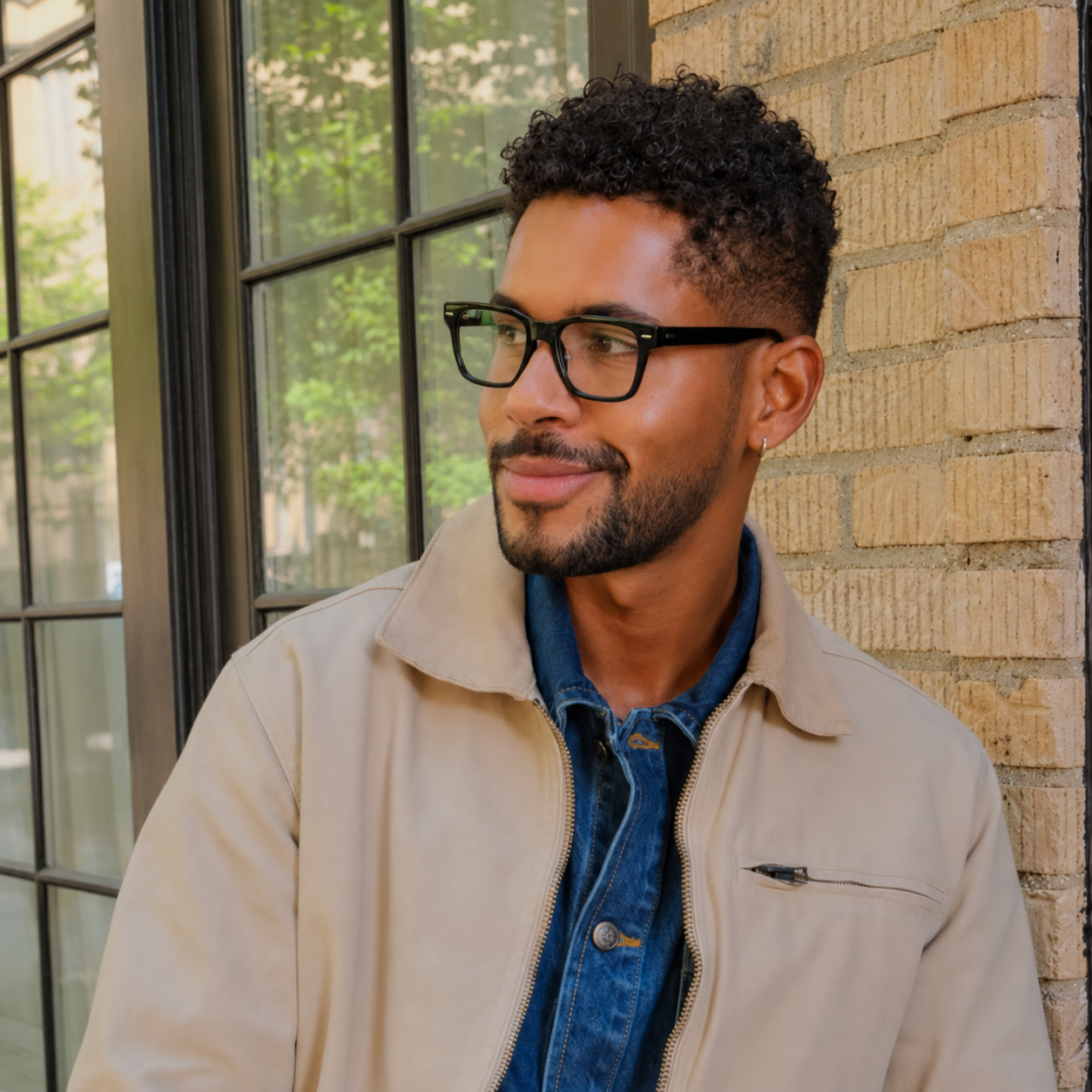 Man wearing black SKYOAK glasses beside a brick wall