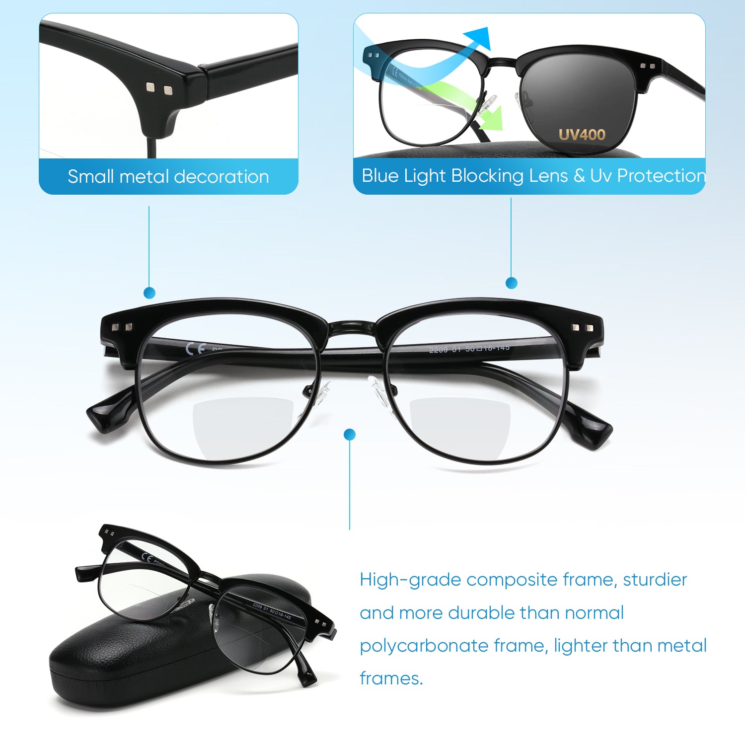 Henry Photochromic Bifocal Reader durable frame blue light blocking skyoak 2209