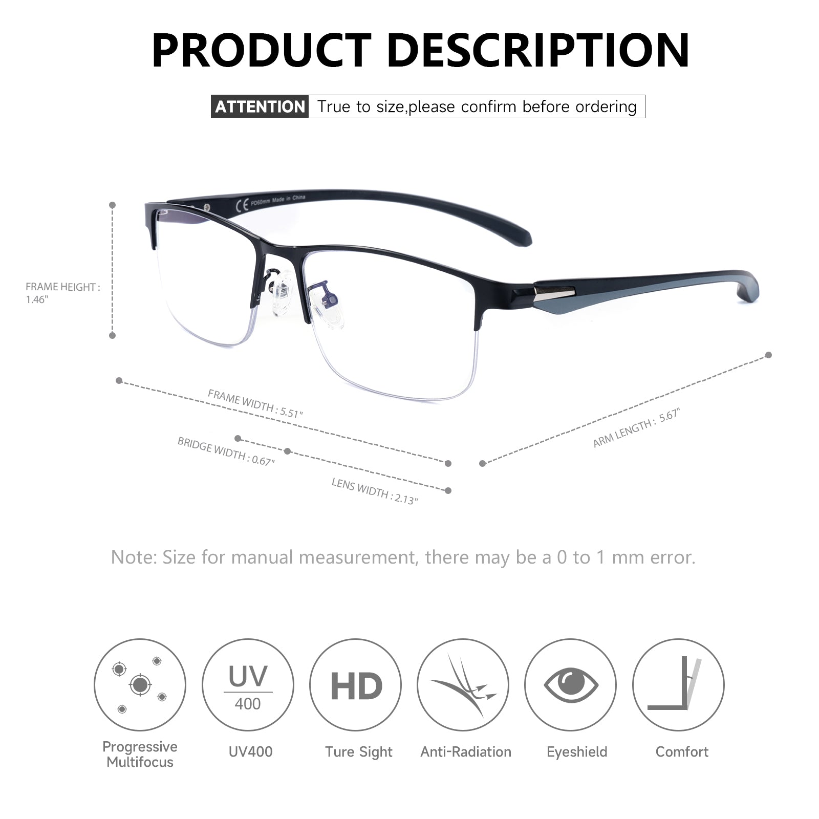 No-Line Half Frame Multifocal Eyeglasses 5402
