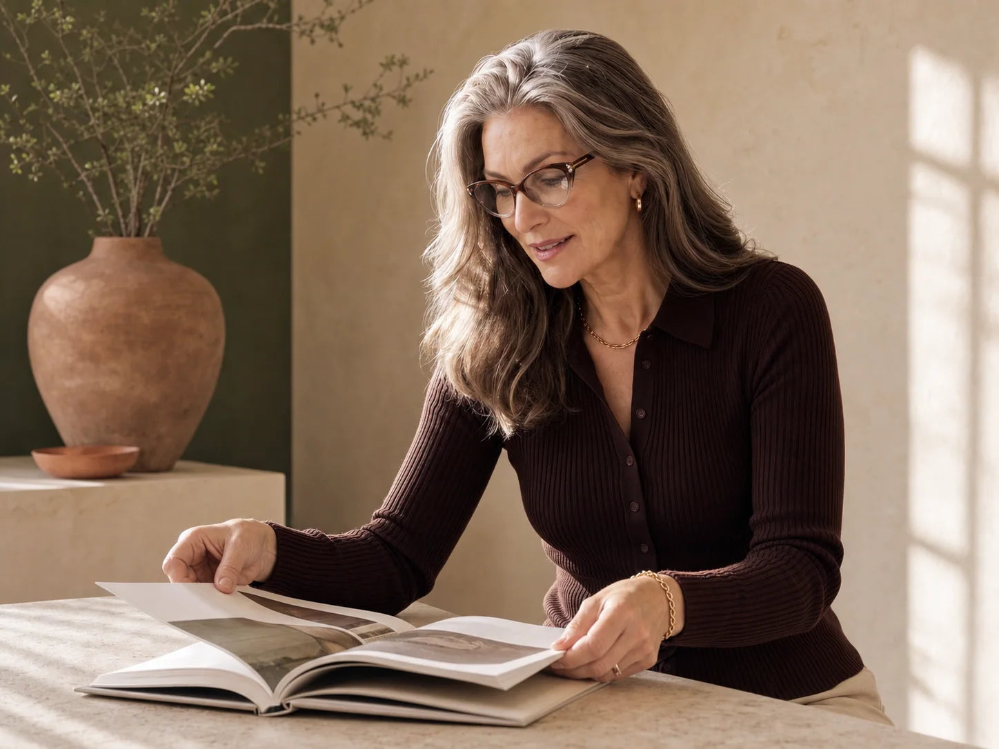 Mature woman reading in SKYOAK progressive glasses