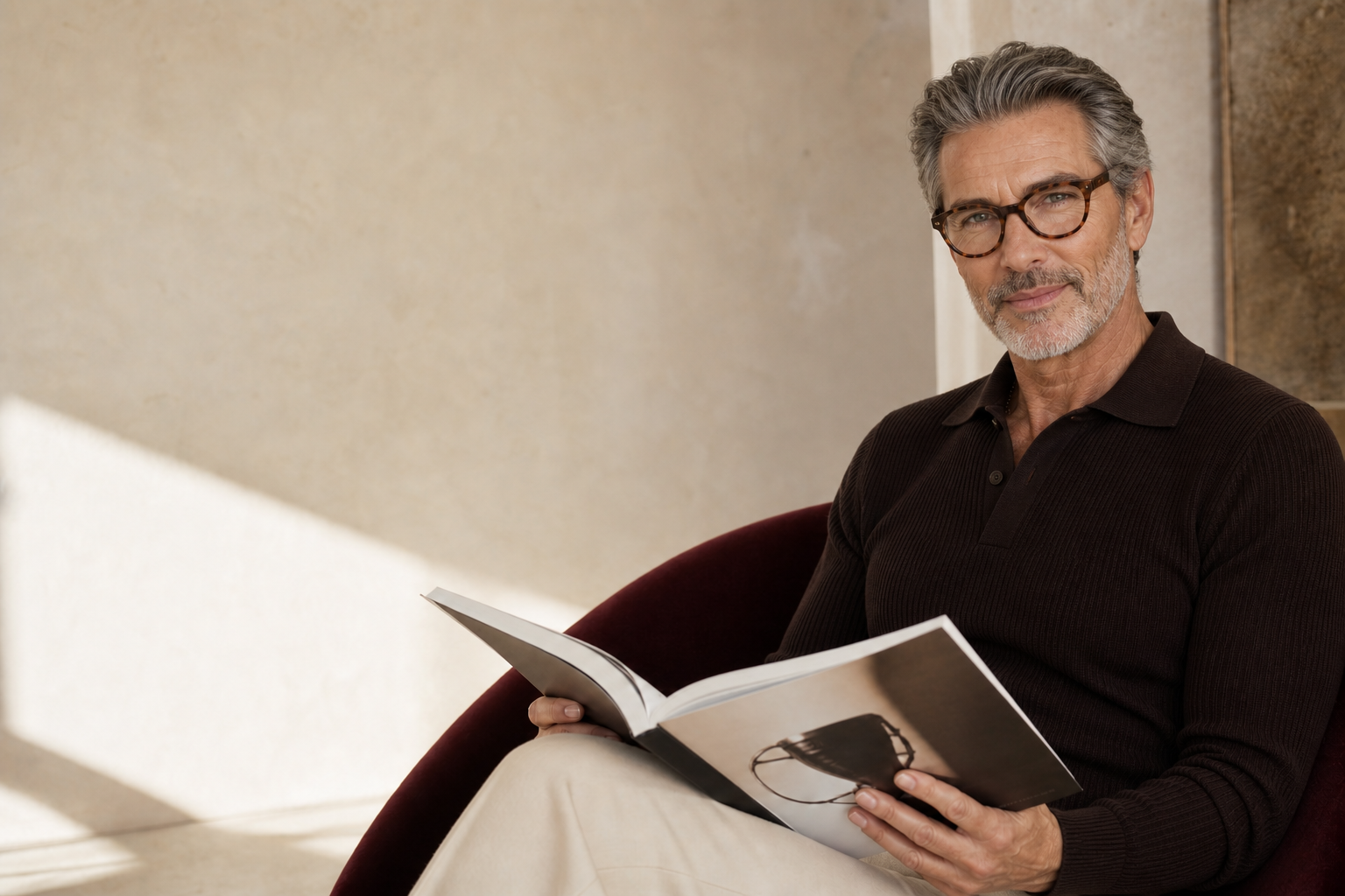 Confident mature man wearing tortoise reading glasses while reading an art book
